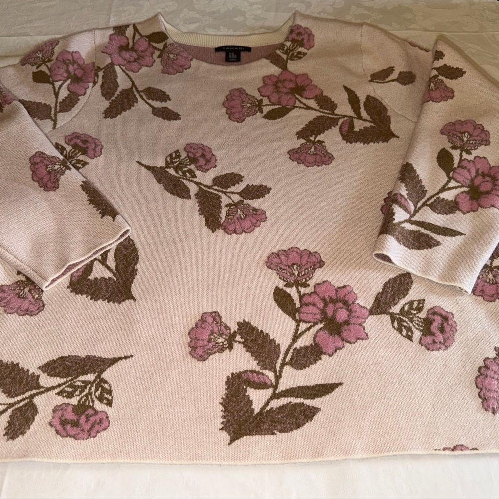 Tahari Light Pink Floral Crewneck Sweater with Brown Leaf Motif